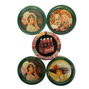 Lot of 6 Vintage Coca Cola Metal Coasters Green Victorian Ladies 3.25 Inch